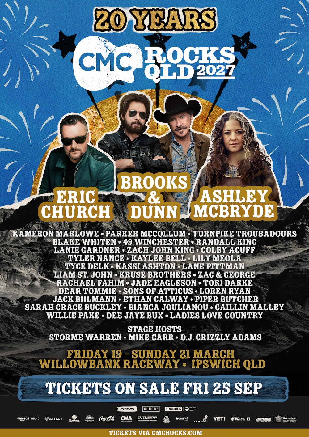 CMC Rocks QLD 2027 poster celebrating 20 years, featuring headliners Eric Church, Brooks & Dunn, and Ashley McBryde for March at Willowbank Raceway.